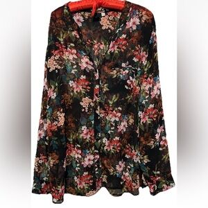 Kut From The Kloth Top 2X Black Silky Sheer Floral Print Tab Sleeve Shirt Blouse